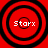 Four identical red circular icons with black concentric rings and white text 'Storx' at center, arranged in a on a solid red background