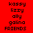 Red background with black text listing names and 'FRIENDS' in a pattern, some have white backgrounds