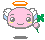 Pixelated pink character with orange halo, white wings, and green four-leaf clover, smiling with yellow cheek accents on gray background.