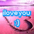 Pixelated icon with blue text 'iloveyou' over pink gradient background and dark curved line.