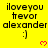 Yellow background with repeated black text 'iloveyou trevor alexander :)' and red pixel hearts, partially cropped at bottom right.