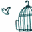 A teal-colored birdcage with vertical bars and a curved top hook, positioned next to a small heart-shaped icon on a white background.
