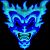 Two pixelated blue animated frames of a cartoonish demonic face with glowing eyes and sharp teeth against black background.