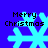 Four identical pixelated blue snowflakes on a solid purple background, each overlaid with black text reading "Merry Christmas" in two lines.