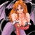Pixelated image of a figure with long orange hair, bare chest, and purple pants, holding a red object against a black background with purple and gray shapes.