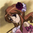 Pixelated anime-style character with brown hair, dark eyes, and a purple flower accessory, wearing a pink and white outfit against a beige background.