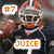 A pixelated image of a football player in uniform holding a ball, with text banners displaying "#7" and varying names below.
