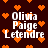 Dark brown background with orange pixelated hearts scattered throughout; white text "Olivia Paige Letendre" arranged in three lines, with orange heart shapes partially overlaying the text.