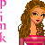 Pixelated female character in pink dress with white dots, brown hair, green eyes, red lips, and pink platform shoes, standing with one leg forward.