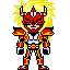 Pixel art character with red mask, yellow hair, and orange armor standing against gray background; flames animate around hands in some frames.