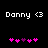 Pixelated text 'Danny <3' appears above a of pink and purple heart icons on a black background, with two identical frames showing different heart counts