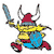 Pixelated character with red hat, yellow armor, blue torso, and gray horns holding a blue sword in raised pose.