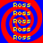 Four identical spiral patterns with red and blue concentric rings and yellow text reading 'Ross' repeated vertically on each spiral.