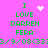 Pixelated green text on pink background with animated white heart and starburst symbols above 'I LOVE DARREN FERA' phrases.
