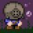 Pixel art character with gray afro, black square eyes, and a blue-and-brown outfit against purple background with green and purple pixel shapes.