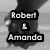 Black-and-white pixelated image with text overlays reading "Robert & Amanda," "May fifth two thousand eight," and "I love you" over a blurred background.