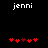 Pixelated text 'jenni' above red heart symbols on black background, with heart positions shifting between frames.