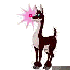 Pixelated reindeer icon with dark brown body, white chest and legs, green eyes, red nose; left frame shows pink starburst effect near head.