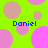 A bright green background with overlapping pink and brown circles, four instances of the text 'Daniel' in blue pixelated font positioned at corners.