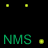 four and four displaying 'NMS' text in green, yellow, and white with scattered colored pixels on a black background