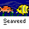 Animated contact sheet showing 18 frames of a pixel art animation featuring yellow fish, orange fish, and seaweed with changing text bubbles.