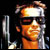 Pixelated figure with orange-toned face, dark sunglasses, and white headband holding a silver microphone against black background
