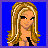 Pixelated image of a blonde woman with long hair, black bikini top, and pink shorts against blue background.