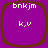 Four identical purple square icons with rounded corners and brown borders, each containing white pixelated text 'bnkjm' at top and 'k.v' below.