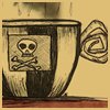 A static cartoon-style icon of a steaming mug with a skull and crossbones symbol on its side, rendered in sepia tones with visible pixelation.