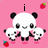 Pixelated pink background with three panda figures, strawberries, and text reading 'i love pandas' in black.