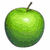 Green apple with brown stem on white background, text overlays in black boxes with white lettering.