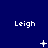 Blue background with repeated white text 'Leigh' and changing pixel symbols in a