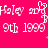 Pixelated text on bright pink background with white and light pink lettering, showing repeated phrases and dates.