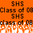 Orange background with black text reading 'SHS Class of 08' repeated in a pattern, showing pixelated distortion at the bottom