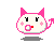 Pixelated pink devil icon with white face, black eyes, red mouth, and heart symbols in four variations showing different expressions and text.