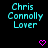 Pixelated cyan text 'Chris Connolly Lover' repeated across a black background with pink heart symbols, some frames showing gray rectangular overlays.