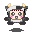 Pixelated cartoon character with cow-like horns, black-and-white body, pink cheeks, and a white belly band against gray background.