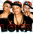 Three figures in black off-shoulder tops and red-accented hats pose closely together against a white background.