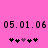 Pixelated pink background displays two identical sequences of '05.01.06' text and five asterisk-like symbols, with one symbol changing color between the left and right sequences.