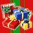 identical Christmas gift icons on red and green striped background with subtle glow effects
