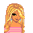 Pixel art contact sheet showing three frames of a blonde female character in pink top and blue jeans with bow details, alongside pixelated text elements.