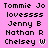 Pixelated text list on pink background with repeated names and a heart symbol, static image.