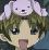 Anime-style character with green hair and large eyes, wearing a white headband with a small dark emblem, mouth open in a surprised expression against a blurred background.