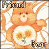 Animated orange Care Bear with sunflower emblem on chest, waving one arm against a white background with brown curved lines.