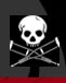 Static black-and-white pixelated icon featuring a skull and crossbones symbol with red bottom border on dark background.