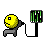 A 4x3 contact sheet of pixel art frames showing a yellow stick figure with a square eye sitting at a desk connected to a computer monitor displaying green vertical bars, arranged in chronological order across three rows.