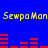 Blue background with yellow text reading "SewpoMon" repeated twice, red horizontal bars forming a pattern below each text line.