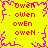 Yellow background with purple border and central starburst; red text "Owen" variations in four quadrants.