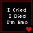 Four identical black square with red borders display white text "I Cried I Died I'm Emo" and heart symbols changing from one to two to three