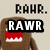 Brown pixelated character with red mouth and white teeth, displaying text above and over its face in two states.
